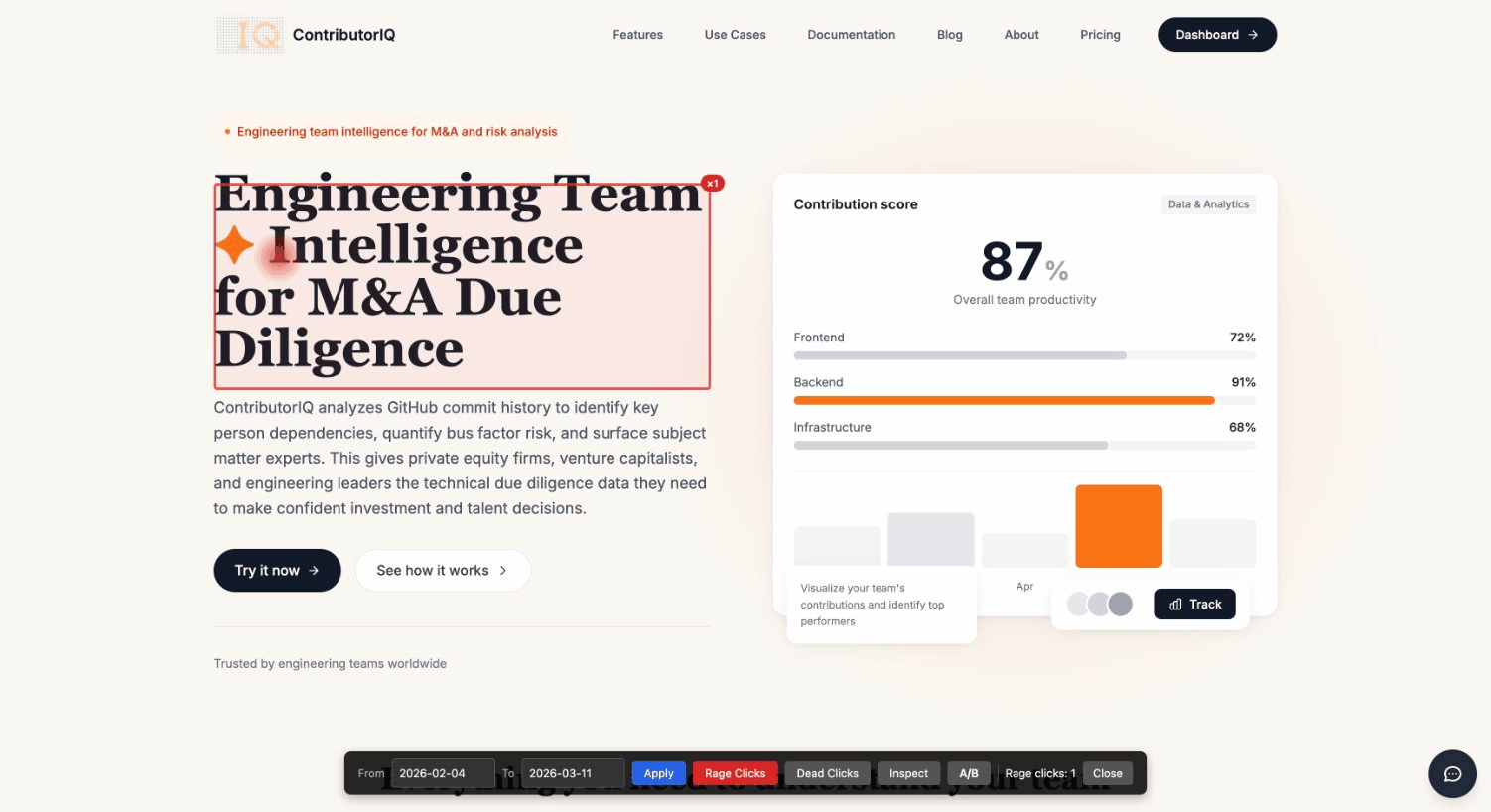 IterOps rage click detection highlighting a frequently-clicked element on a live website